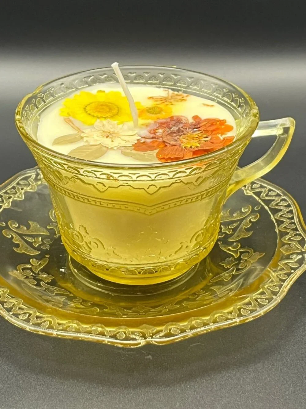 Amber Floral Glass Teacup Candle with Saucer